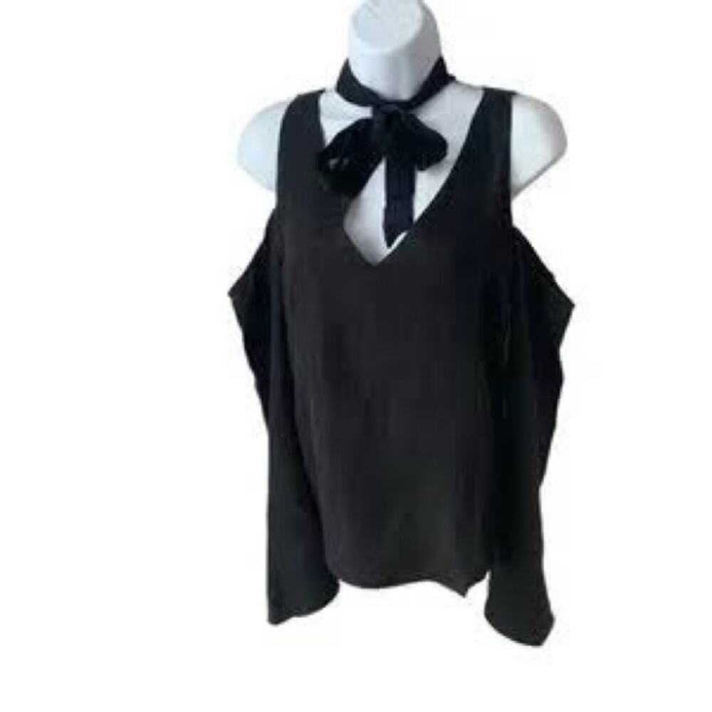 Line & Dot Black Cold Shoulder Blouse Bow Slit Sleeves Small